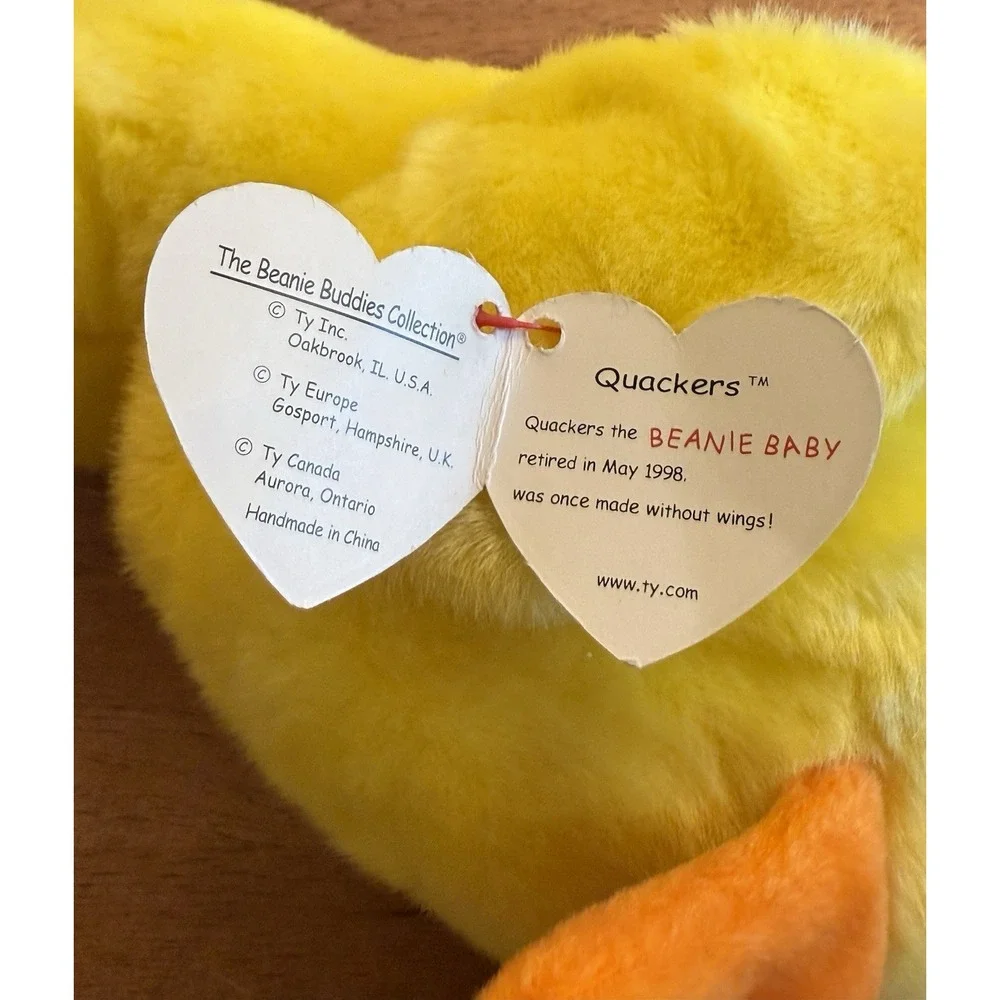 Ty Beanie Buddies 1998 Quackers 9'' Yellow Duck‎ Plush Retired MWMT